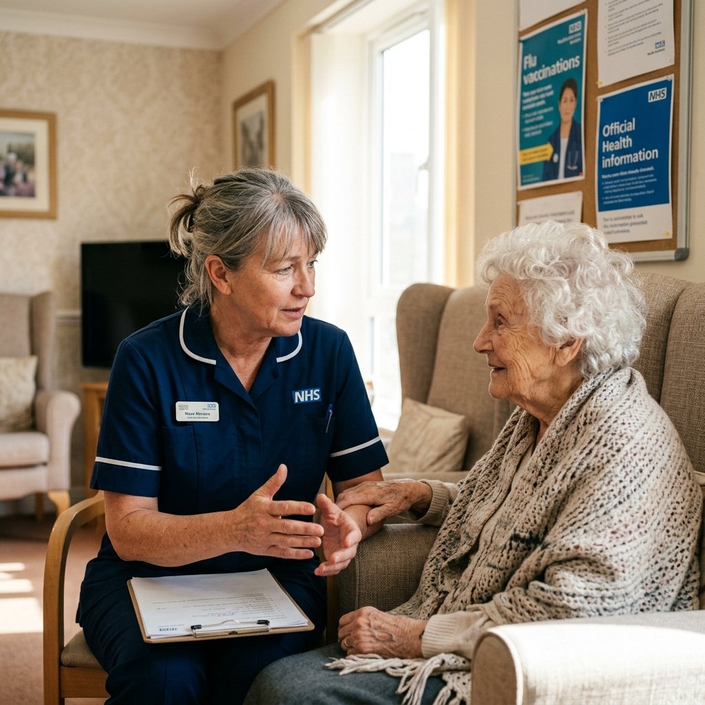 Senior nurse consulting with patient in UK care home